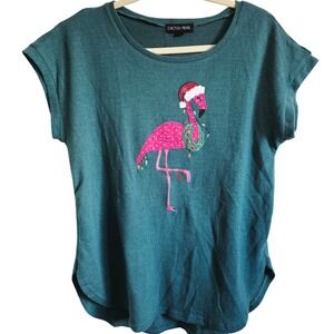 Cactus & Pearl Womens‎ L Christmas Flamingo Graphic Top Teal Green Fleece L